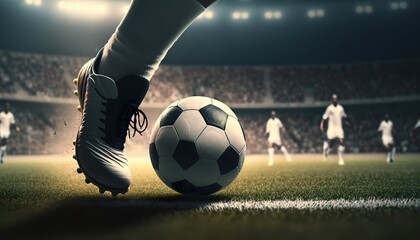 Feet of soccer player step on soccer ball . Creative illustration. (Ai Generate)