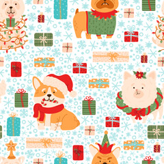 Christmas dogs, gifts and snowflakes vector seamless pattern. Cute puppy dressed in Christmas costumes, snow, presents with holiday decorations. Winter, New Year festive texture.
