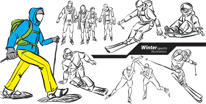 winter sports 2 active people set collection doodle design drawing vector illustration