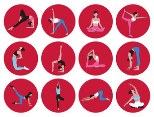 set of icons 12 doing exercise stretching pilates in different poses in red circle and pink white black clothes on white background for apps stickers banners
