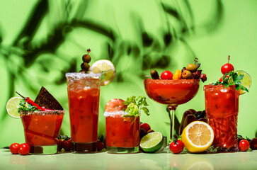 Bloody Mary, Joseph, Caesar and other red cocktails set with tomato juice, vodka, hot sauce and celery. Cocktail party. Green background, hard light