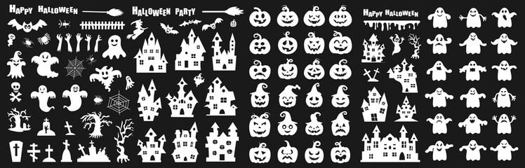 Naklejka premium Set of silhouettes of Halloween on a black background. Vector illustration