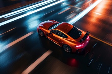 Obraz na płótnie Canvas an orange sports car driving down a city street at night with motion blurs on the road and street lights in the background and a blurry background. generative ai