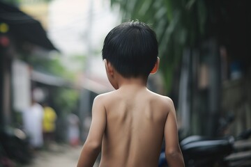 Fototapeta na wymiar a young boy walking down a street next to a building with a tree in the backgrouf of his shirt and no shirt on. generative ai