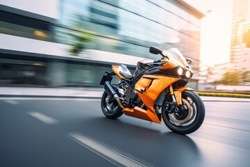 Obraz na płótnie Canvas an orange motorcycle is driving down the street in front of a building with a blurry image of a building in the background and a building across the street. generative ai
