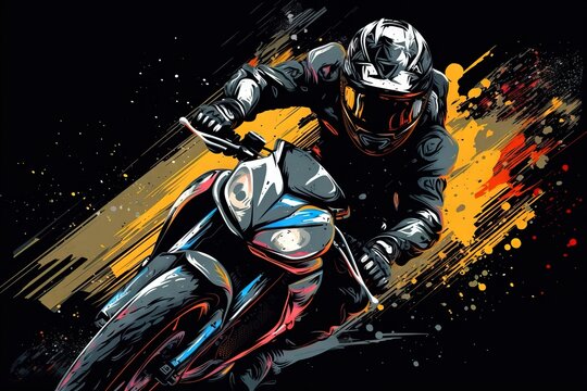  A Person Riding A Motorcycle On A Track With Paint Splatters On The Side Of The Bike And On The Back Of The Bike.  Generative Ai