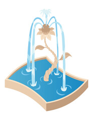 Isometric fountain icon for outdoor park. Modern architecture decor symbol with splashing drops. Vector city infographic with water decoration elements