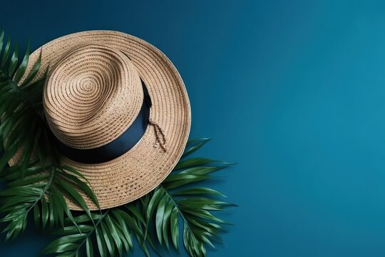  a straw hat with green leaves on a blue background with copy space.  generative ai