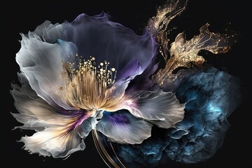 a wallpaper botanical flowers with one big flower for whole artwork flowing alcohol ink style bioluminescence navy blue background, white, gold, generative ai. - obrazy, fototapety, plakaty