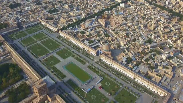Sheikh Lotfollah Mosque at Naqsh-e Jahan Square in Isfahan, Iran. Construction of the mosque started in 1603 and was finished in 1618. (aerial photography)