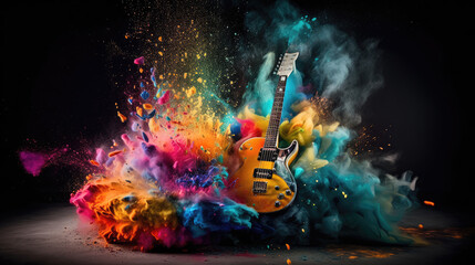 Electric guitar with rainbow paint energetic explosion, Generative AI, - obrazy, fototapety, plakaty