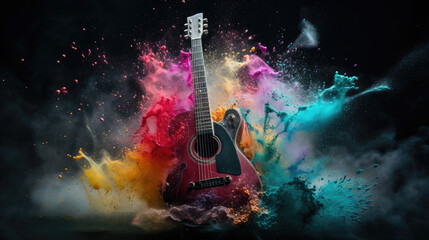 Electric guitar with rainbow paint energetic explosion, Generative AI,