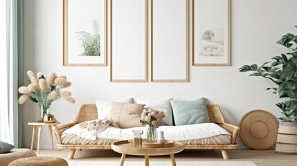 Mockup frame in interior background, room in light pastel colors, Generative AI