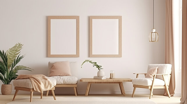 Mockup frame in interior background, room in light pastel colors, Generative AI