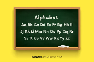 green school board with chalk on a bright yellow background. English alphabet written in chalk on a blackboard. vector in 3d style
