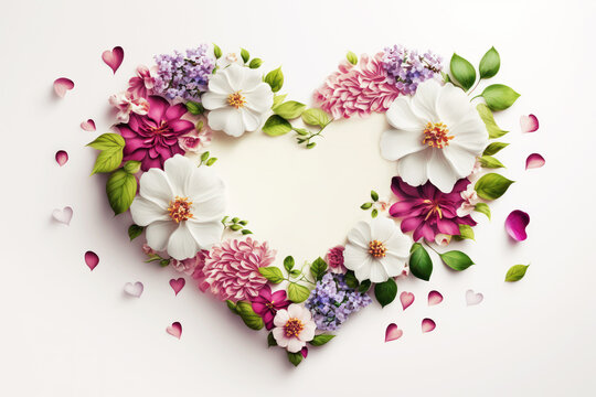 Heart shaped frame with spring flowers for Mother’s day, International Women's Day, 8 March, Valentine's Day and Spring is coming background. AI generative.