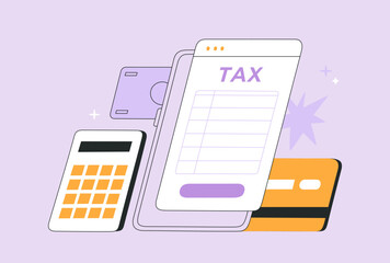 Concept tax payment. Data analysis, financial report, calculation of tax return. Payment of debt. Hand drawn color vector illustration, isolated on purple background, modern flat cartoon style.