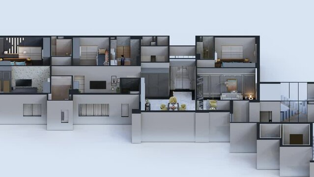 Animated isometric interior design plan of a 3 bedroom house