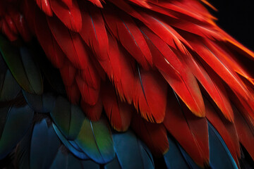 Obraz premium Close up of Scarlet macaw bird's feathers. AI generated