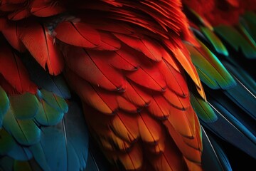 Obraz premium Close up of Scarlet macaw bird's feathers. AI generated