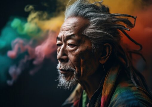 Portrait of a dreadlock elderly Asian man with colorful smoke at background. Concept of spirituality. Generative AI.