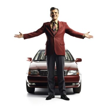 Used car salesman in cheap suit standing in front of car, auto dealership, sales pitch, negotiation, selling, automotive industry, generative ai