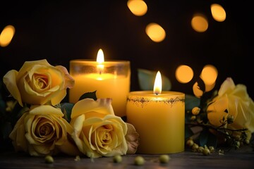 Fototapeta na wymiar a group of yellow roses sitting next to a candle on top of a table. generative ai