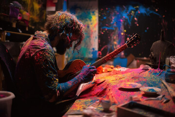 Fototapeta na wymiar Musician playing guitar covered in rainbow coloured powder and paint. Generative Ai.