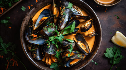 cooked mussels meal seafood plate 
