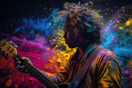 Musician playing guitar covered in rainbow coloured powder and paint. Generative Ai.