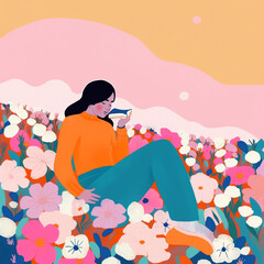 vector of a girl laying on a bed of flowers
