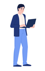 Naklejka na ściany i meble Working man with laptop semi flat color vector character. Male freelancer. Editable figure. Full body person on white. Simple cartoon style spot illustration for web graphic design and animation