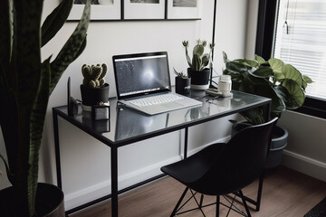 office desk with laptop and plants 
