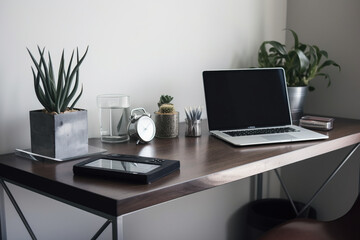 office desk with laptop and plants 