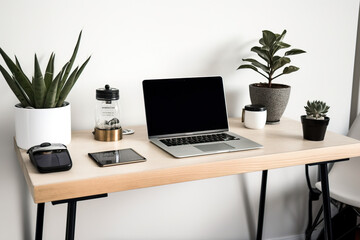 office desk with laptop and plants 