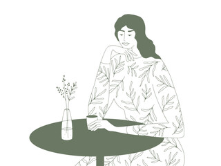 Line art portrait of beautiful woman drinking coffee or tea. Vector minimalist female silhouette. Cafe table for one. Dreamy girl sitting in coffee house. Time for yourself. Linear style illustratio