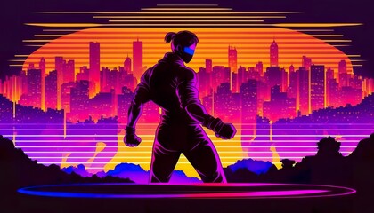 synth wave fighter on city background . Creative illustration. (Ai Generate)