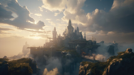 Naklejka premium Ethereal angelic fantasy city in the clouds at sunset. Generative Ai
