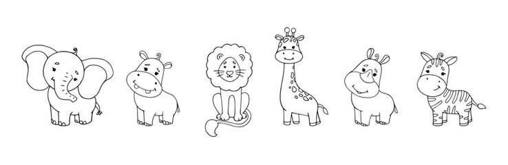 Line sketches, coloring pages of little cute animals of the African savannah. Vector graphics.