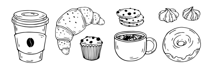 Linear sketch, doodles of cups, cups of coffee and sweet pastries. vector graphics.