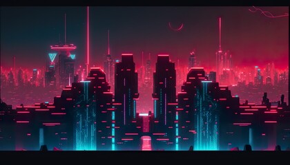 Metaverse city with glowing neon lights . Creative illustration. (Ai Generate)