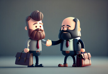 business handshake. Cute cartoon smiling man with laptop and bearded businessman with briefcase standing and shaking hands. Generate Ai.