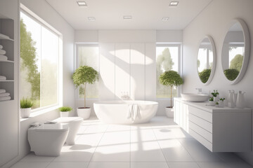 Fototapeta na wymiar Modern bathroom elegant interior, white bright bath on sunny day, luxury indoor home desing generative ai