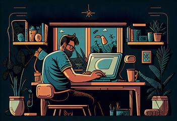 Fototapeta na wymiar A freelancer man works behind a laptop. Home office workplace. Generate Ai.
