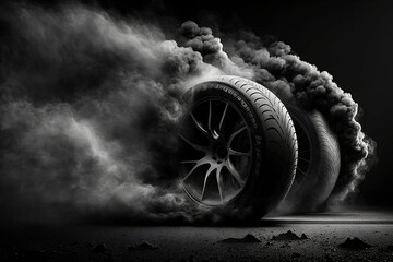 Perspective of hot tyres leaving a trail of smoke behind, Created using Generative AI Art - obrazy, fototapety, plakaty