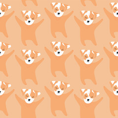 Vector background with cartoon good dog breed Jack Russell terrier in pastel colors. Cute design of children's room, clothes, bedding, stationery, and gift wrapping