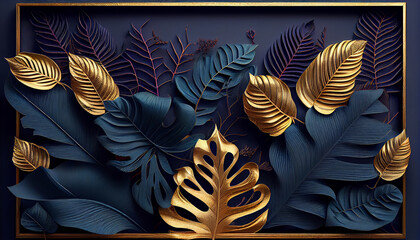 Background frame with golden and blue tropical leaves. Generate Ai.