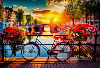 Fototapeta premium Beautiful summer sunrise on the famous UNESCO world heritage canals of Amsterdam, The Netherlands, with vibrant flowers and bicycles on a bridge. Generate Ai.