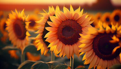 Beautiful sunflowers close-up in the field. Generate Ai.