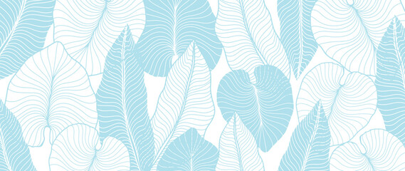 Fototapeta na wymiar Blue vector tropical background with palm leaves and banana leaves for decor, covers, backgrounds, presentations and wallpapers